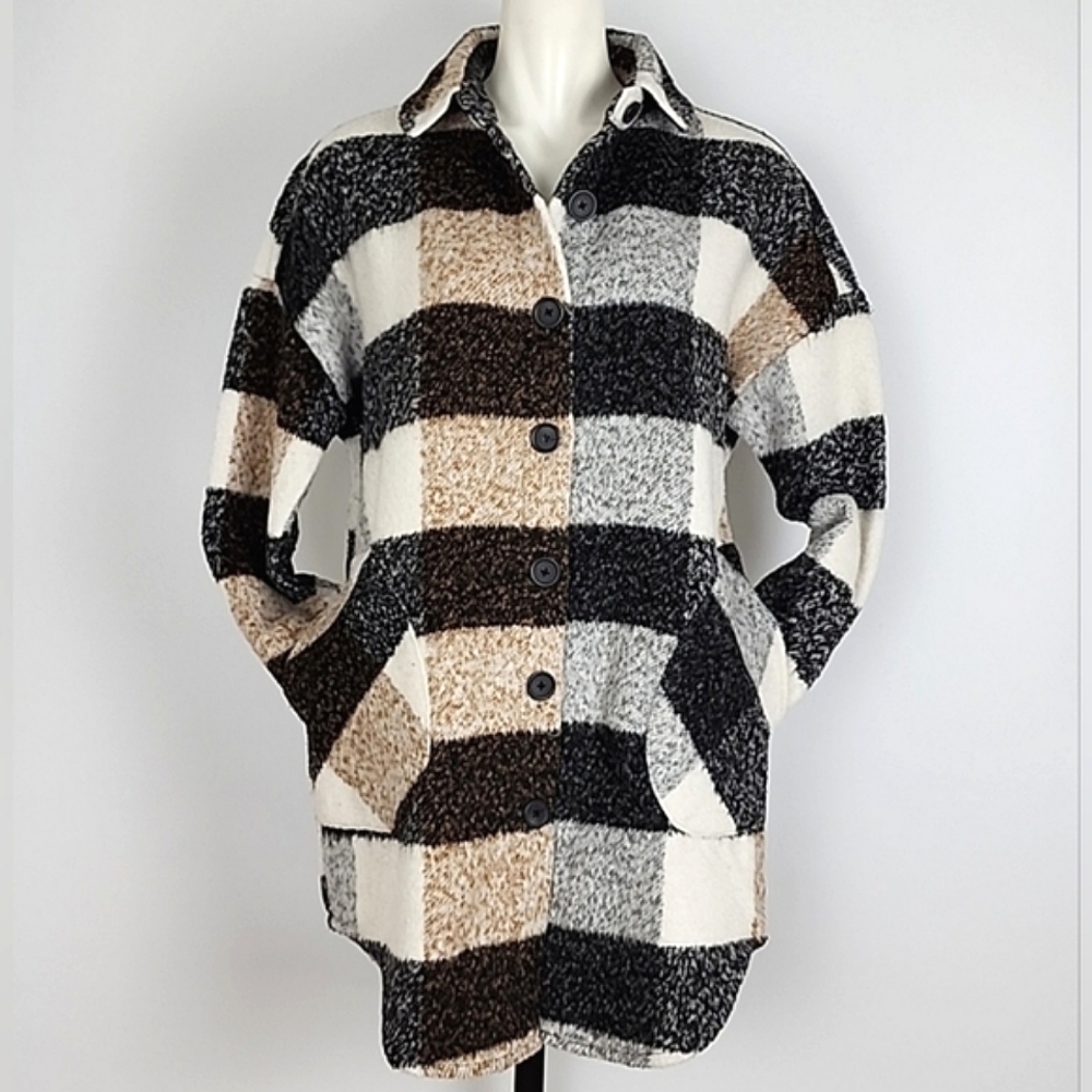 Plaid Women's Jacket - Black, White, Tan - Picture 2 of 16